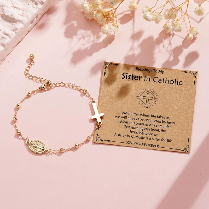 VULETO Catholic Virgin Mary Cross Bracelet Gifts for Girls Teens Women, Rosary Beads Charm Link Chain Bracelet Christmas Christian Religious Jewelry Gifts - Image 3